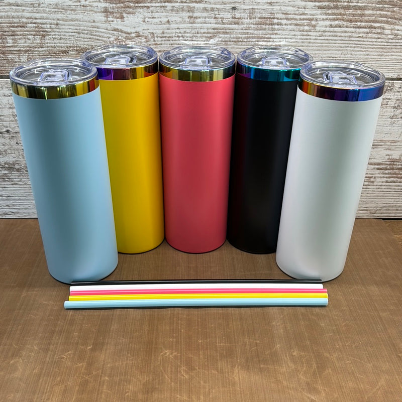 20oz Straight sided skinny powder coated with rainbow plated undercoat